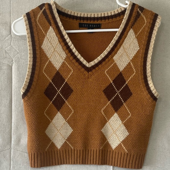 Say What? Brown and Cream Argyle V-Neck Sweater Vest - Picture 1 of 6